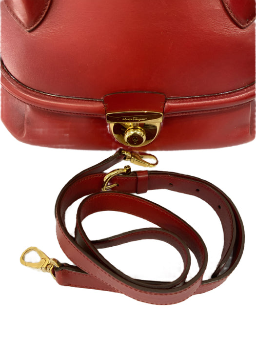 Salvatore Ferragamo Red & Gold Leather 2 Handles Gold Hammered Ring Bowler Bag