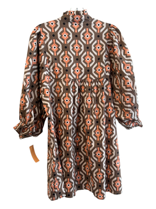 Sofia Size Est S Brown, Pink & White Cotton Mini V Neck Long Sleeve Dress Brown, Pink & White / Est S
