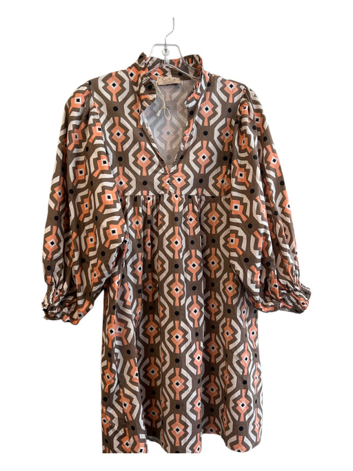 Sofia Size Est S Brown, Pink & White Cotton Mini V Neck Long Sleeve Dress Brown, Pink & White / Est S