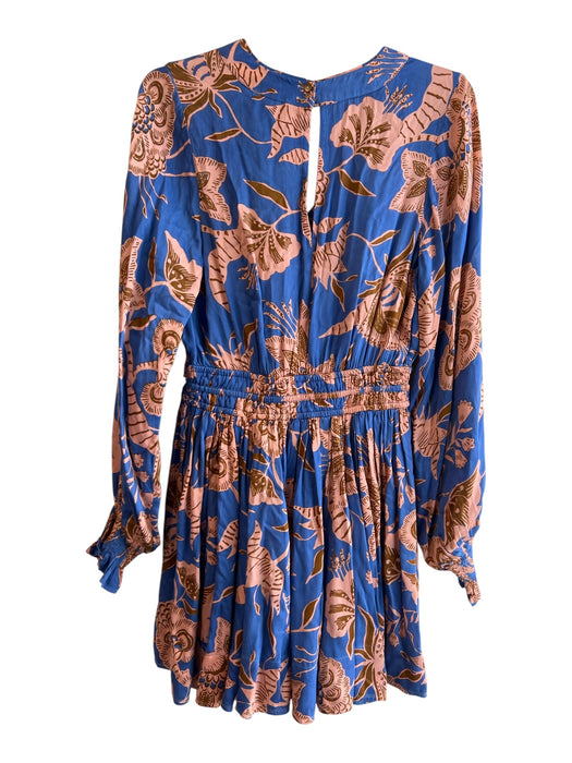 Omika Size S Blue & Pink Modal Long Sleeve Floral Print V Cut Dress Blue & Pink / S