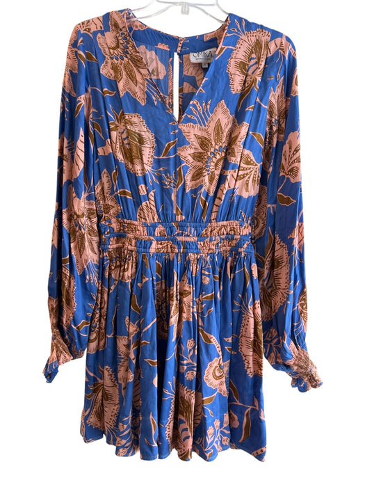 Omika Size S Blue & Pink Modal Long Sleeve Floral Print V Cut Dress Blue & Pink / S