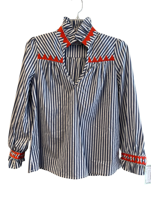CK Bradley Size XS Blue White & Red Polyester Long Sleeve Striped V Back Top Blue White & Red / XS