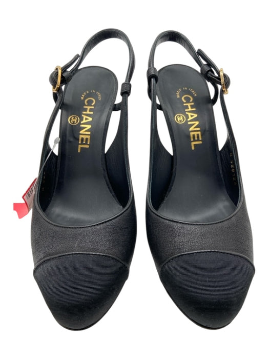 Chanel Black Leather goldtone hardware Slingback Box Included CC Logo Pumps Black