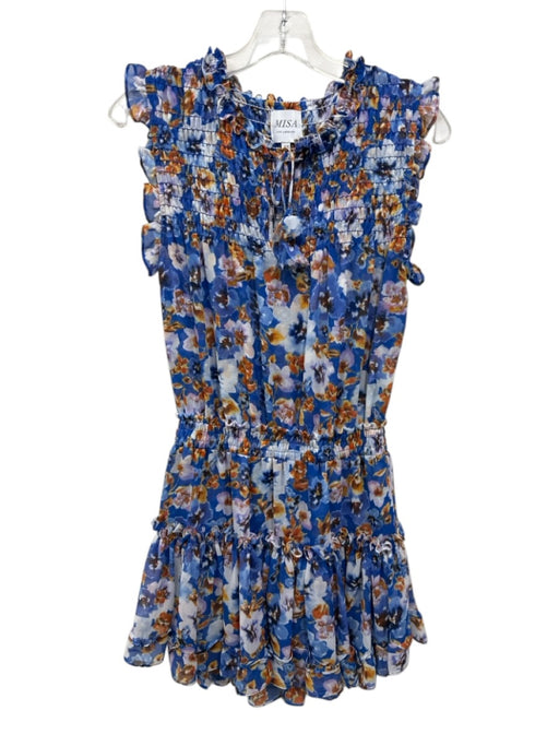Misa Size XS Blue & Multi Polyester Keyhole Front smocked Floral Print Dress Blue & Multi / XS