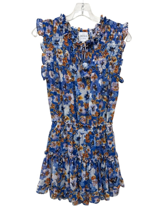 Misa Size XS Blue & Multi Polyester Keyhole Front smocked Floral Print Dress Blue & Multi / XS