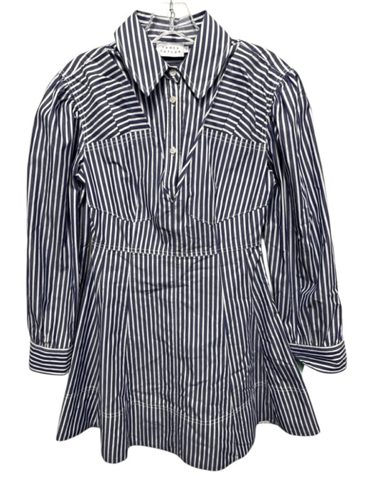 Tanya Taylor Size 0 Navy & white Cotton Striped 1/4 Button Mini Collared Dress Navy & white / 0