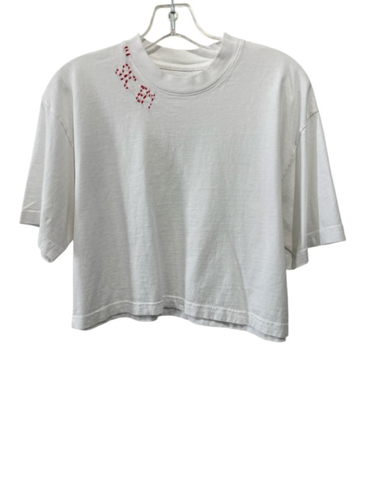 No Brand Size Est S White & Red Cotton Embroidered Short Sleeve Boxy Fit Top White & Red / Est S