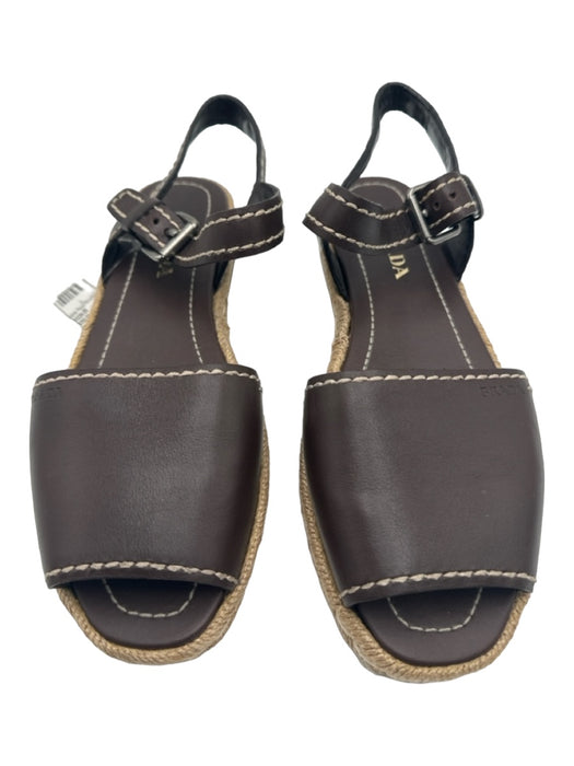 Prada Shoe Size 41 Dark Brown & Beige Leather & Raffia Ankle Buckle Sandals Dark Brown & Beige / 41