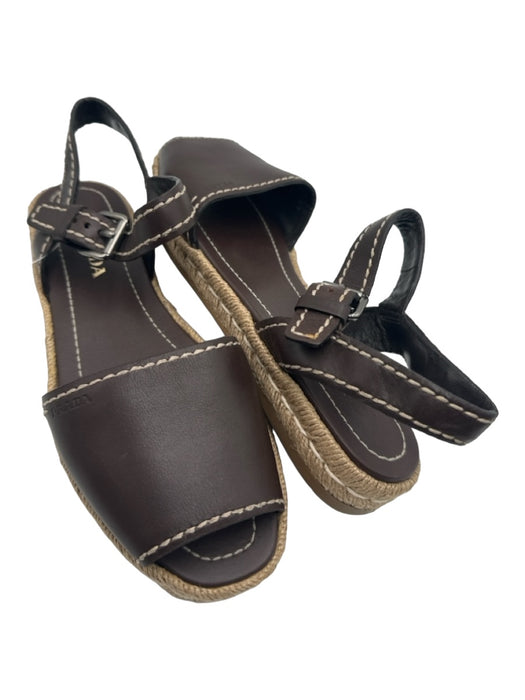 Prada Shoe Size 41 Dark Brown & Beige Leather & Raffia Ankle Buckle Sandals Dark Brown & Beige / 41