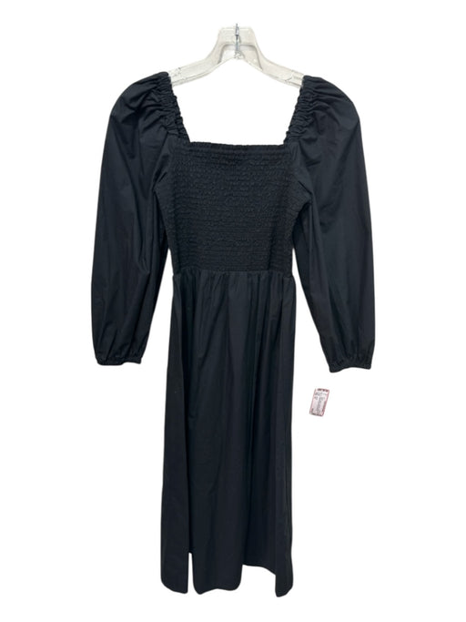 J Crew Size XS Black Cotton Long Balloon Sleeve Solid Smocked Bodice Maxi Dress Black / XS