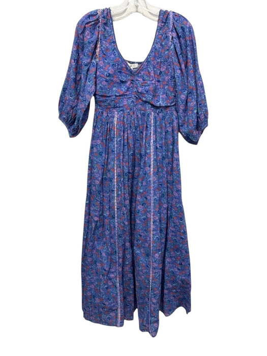 Love Shack Fancy Size 2 Blue, Green, Orange Cotton Long puff sleeve Floral Dress