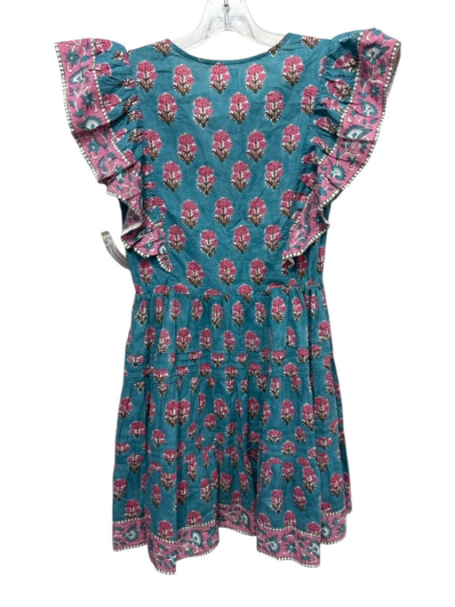 Saylor Size Small Teal, Pink, Green Cotton Ruffle Cap Sleeve Floral V Neck Dress Teal, Pink, Green / Small