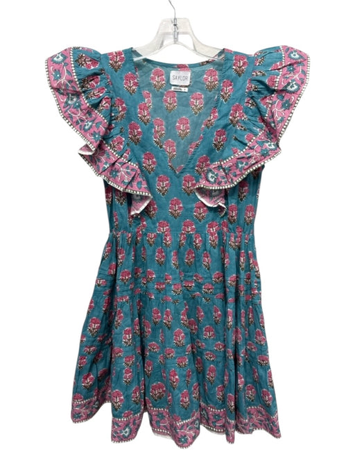 Saylor Size Small Teal, Pink, Green Cotton Ruffle Cap Sleeve Floral V Neck Dress Teal, Pink, Green / Small