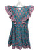Saylor Size Small Teal, Pink, Green Cotton Ruffle Cap Sleeve Floral V Neck Dress Teal, Pink, Green / Small