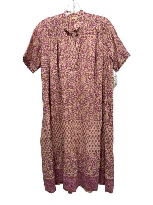 Matta Size XS Purple, Pink, Brown Cotton Short Sleeve Floral Surplice Midi Dress Purple, Pink, Brown / XS