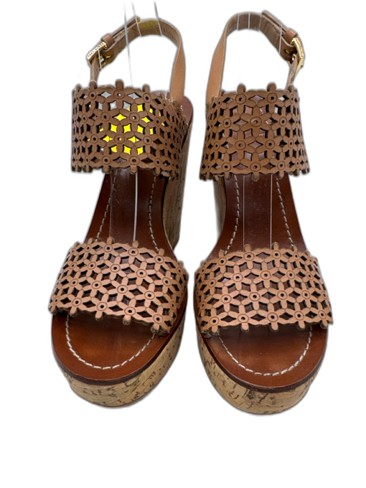 Tory Burch Shoe Size 6.5 Brown & Beige Leather Laser Cut Floral Cork Sole Wedges Brown & Beige / 6.5