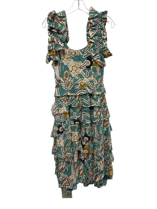 Ulla Johnson Size 2 turquoise, beige, multi Silk Ruffle Abstract Floral Dress turquoise, beige, multi / 2