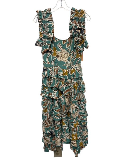 Ulla Johnson Size 2 turquoise, beige, multi Silk Ruffle Abstract Floral Dress turquoise, beige, multi / 2