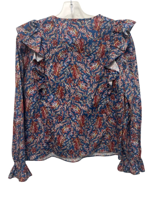 Sezane Size 34 / S Blue & Red Cotton Paisley Ruffle Detail Long Sleeve Top Blue & Red / 34 / S