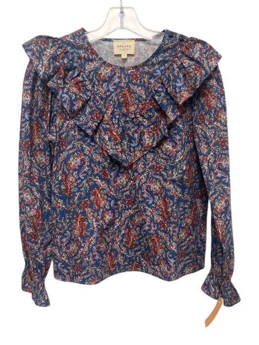 Sezane Size 34 / S Blue & Red Cotton Paisley Ruffle Detail Long Sleeve Top Blue & Red / 34 / S