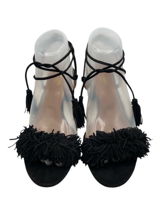 Aquazzura Shoe Size 39.5 Black Suede Fringe Detail Round Toe Tassels Sandals Black / 39.5