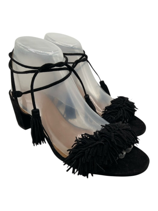 Aquazzura Shoe Size 39.5 Black Suede Fringe Detail Round Toe Tassels Sandals Black / 39.5