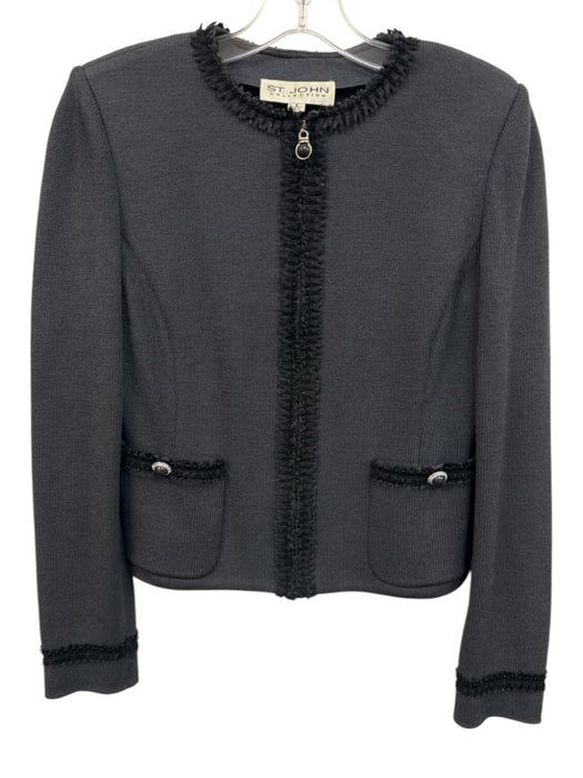 St. John Size s / 4 Dark Gray Knit Ribbon Trim Button Detail Zip Up Jacket Dark Gray / s / 4