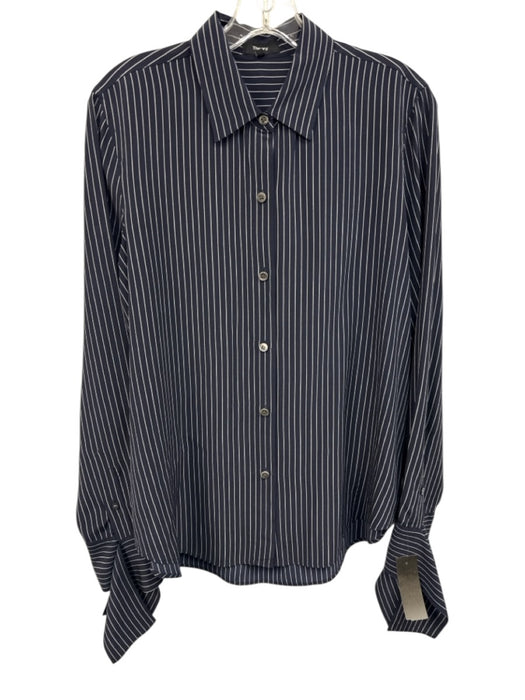 Theory Size M Navy Blue & White Silk Pin Stripe Long Sleeve Button Down Top Navy Blue & White / M
