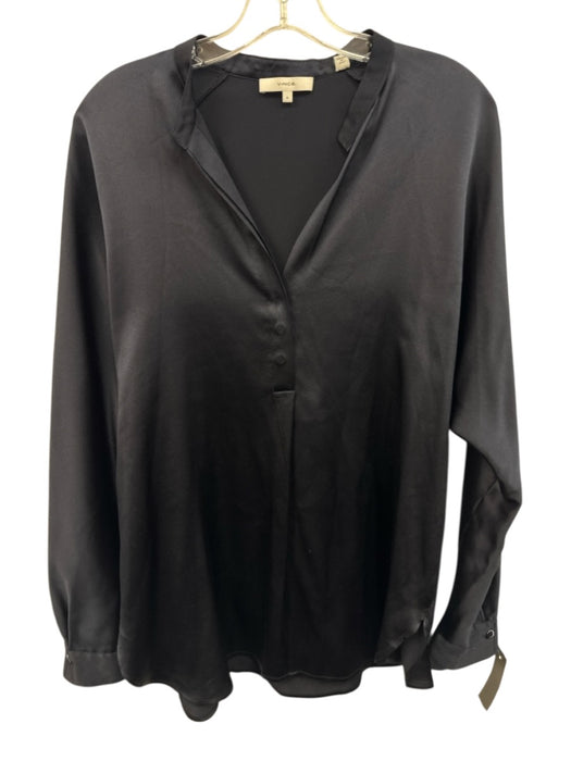Vince Size M Navy Blue Silk Long Sleeve Stand Collar Half Button V Neck Top Navy Blue / M