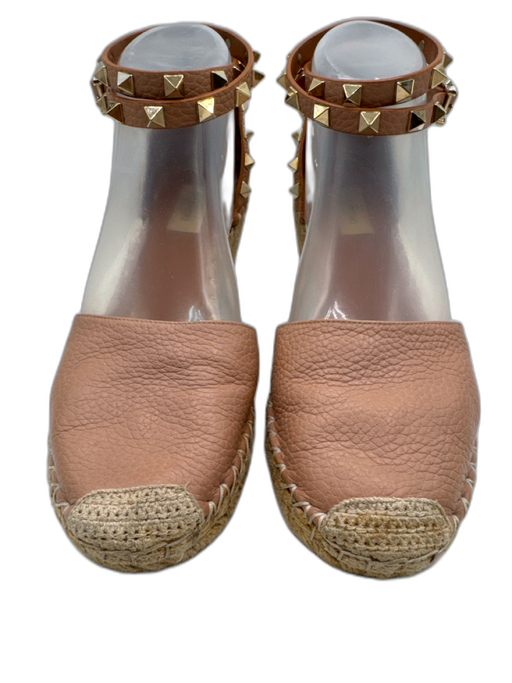 Valentino Shoe Size 39 Beige Pink Leather Jute Rockstud Ankle Strap Wedges Beige Pink / 39