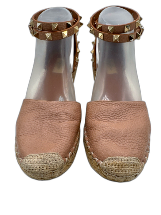 Valentino Shoe Size 39 Beige Pink Leather Jute Rockstud Ankle Strap Wedges Beige Pink / 39