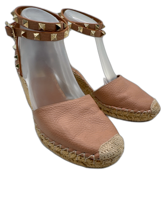 Valentino Shoe Size 39 Beige Pink Leather Jute Rockstud Ankle Strap Wedges Beige Pink / 39