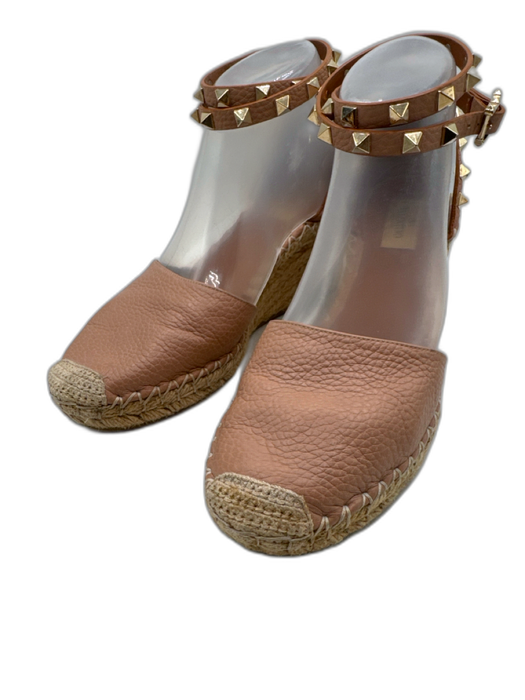 Valentino Shoe Size 39 Beige Pink Leather Jute Rockstud Ankle Strap Wedges Beige Pink / 39