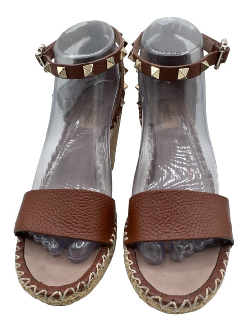 Valentino Shoe Size 39 Brown Leather Jute Rockstud Ankle Strap Espadrille Wedges Brown / 39
