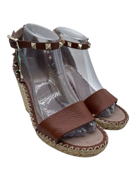 Valentino Shoe Size 39 Brown Leather Jute Rockstud Ankle Strap Espadrille Wedges Brown / 39