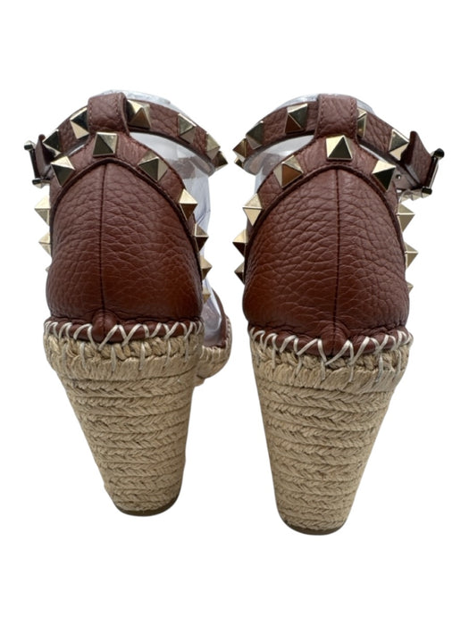 Valentino Shoe Size 39 Brown Leather Jute Rockstud Ankle Strap Espadrille Wedges Brown / 39