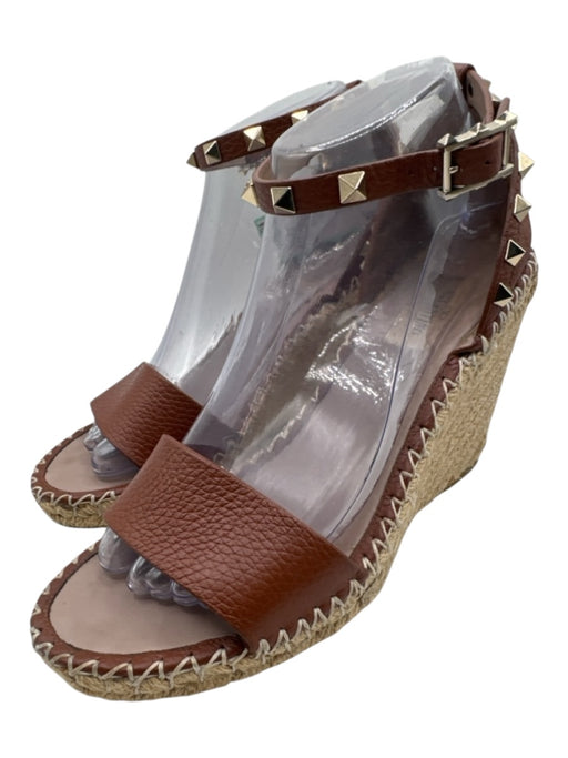 Valentino Shoe Size 39 Brown Leather Jute Rockstud Ankle Strap Espadrille Wedges Brown / 39