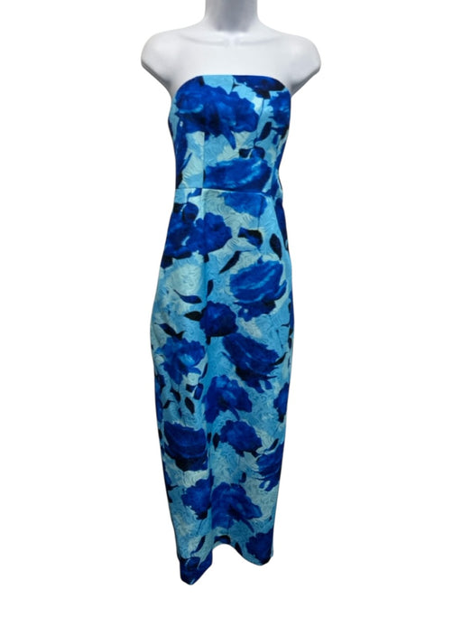 Milly Size 4 Navy & Blue Polyester Strapless Floral Jacquard Back Slit Gown Navy & Blue / 4