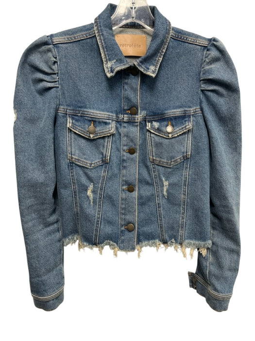 Retrofete Size M Medium Wash Cotton Denim Puff Long Sleeve Distressed Jacket Medium Wash / M