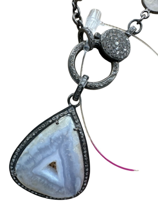 Vintage La Rose Gunmetal & White Moonstone Metal Pave Diamonds Gemstone Necklace Gunmetal & White