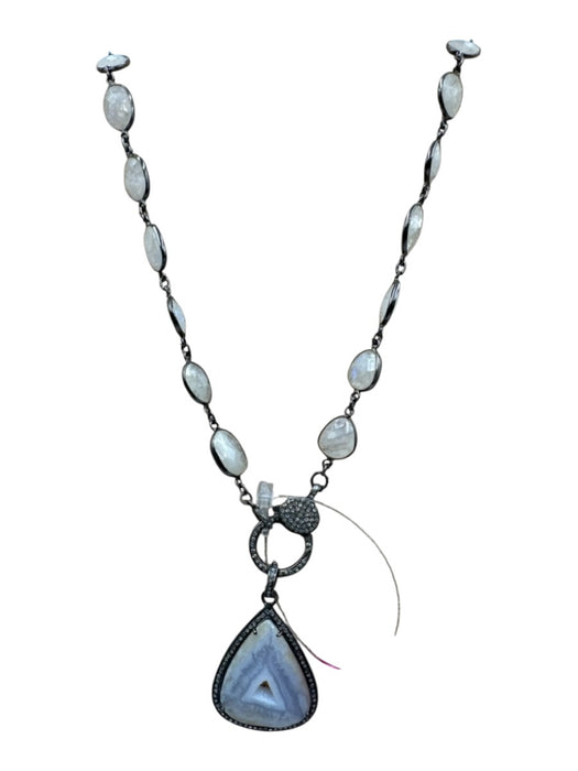 Vintage La Rose Gunmetal & White Moonstone Metal Pave Diamonds Gemstone Necklace Gunmetal & White