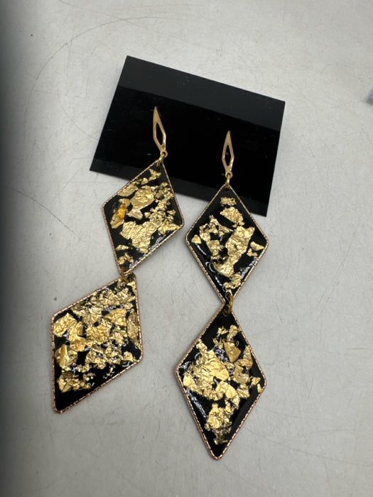 Black & Gold Tone Resin Gold Leaf Diamond Shape Dangle Fish Hook Earrings