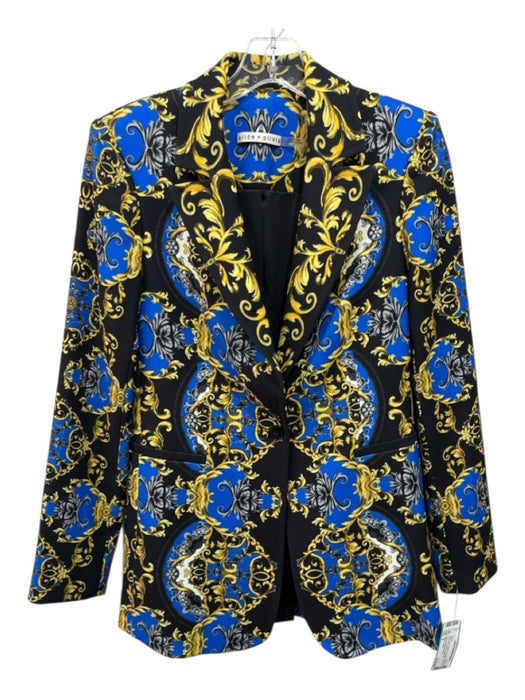 Alice + Olivia Size 4 Black, Blue, Yellow Polyester Crepe All Over Print Jacket Black, Blue, Yellow / 4
