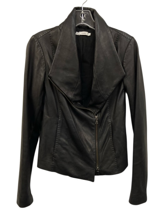 Vince Size S Black Lamb leather Ribbed Panels Zip Front Asymmetric Jacket Black / S
