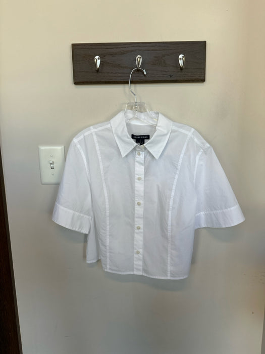 Veronica Beard Size 6 White Cotton Short Sleeve Button Down Cropped Top