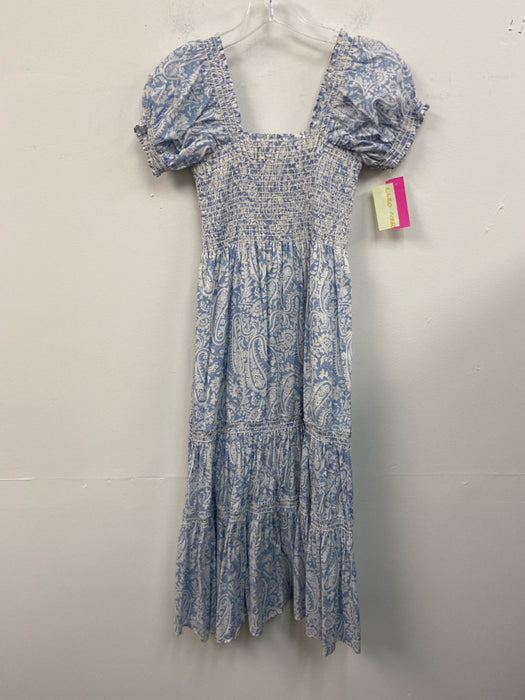 O.P.T. Size XS Blue & White Cotton Square Neck Smocked Bodice Paisley Dress