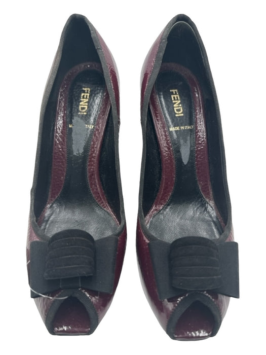 Fendi Shoe Size 38 Burgundy & Black Leather Patent Bow Detail Peep Toe Pumps Burgundy & Black / 38