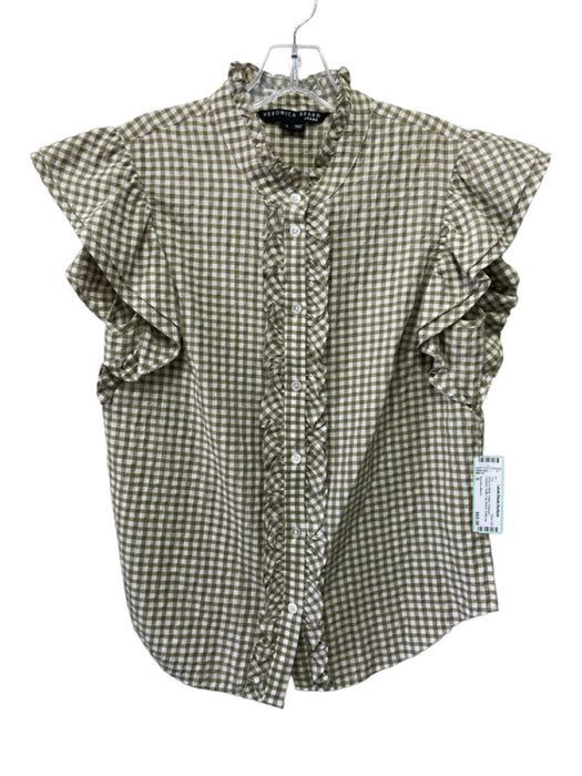 Veronica Beard Size S Green & White Cotton Gingham Checked Ruffle Cap Sleeve Top Green & White / S