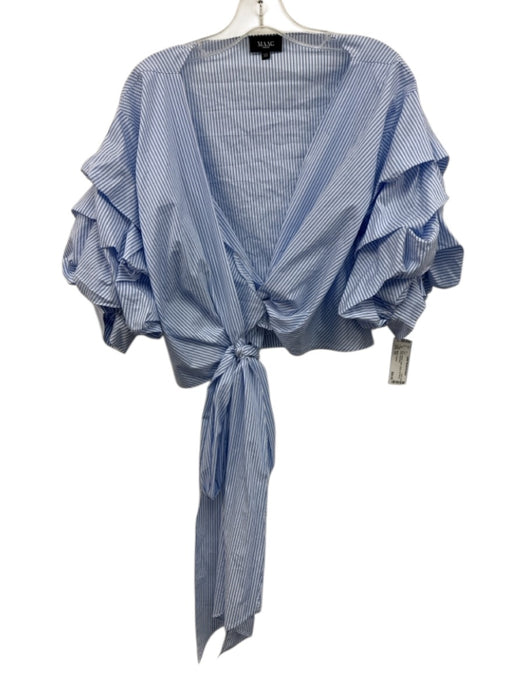 MAAC London Size XS Blue & White Cotton Stripe Puff Sleeve Wrap Top Blue & White / XS