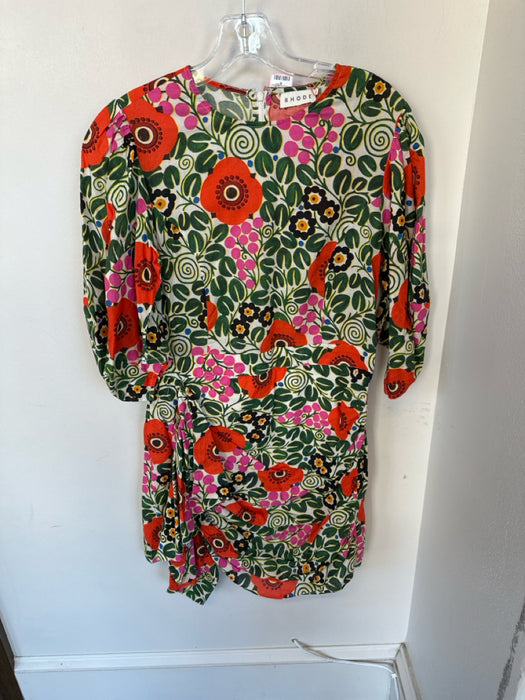 Rhode Size 8 Orange & Green Cotton Long Balloon Sleeve Botanical Ruffles Dress